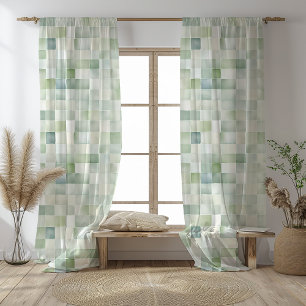 Boho Sage Green Geometric Watercolor  Sheer Curtains