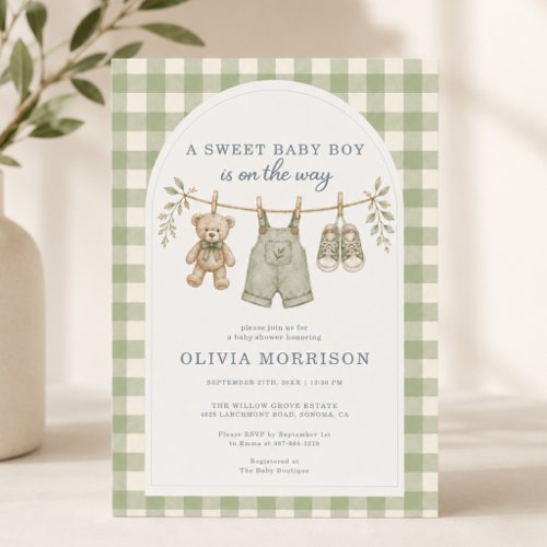 Classic Gingham Sage green Gingham or plaid baby shower invitation