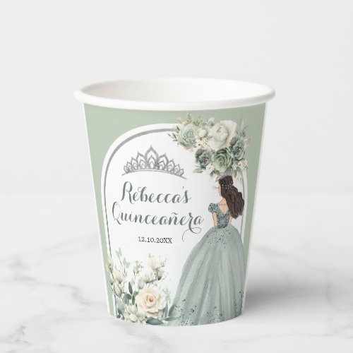 Boho Sage Green Girl Royal Sweet 16th Pink Floral Paper Cups