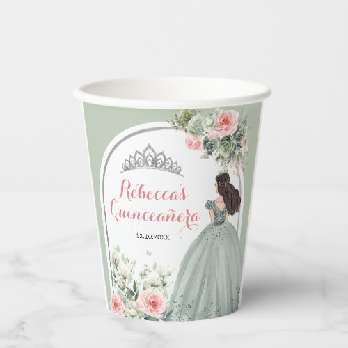 Boho Sage Green Girl Sweet 16th Pink Floral Paper Cups