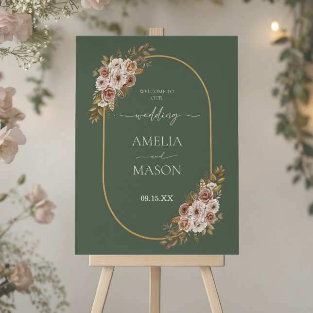 Boho Sage Green & Gold Floral Wedding Welcome Sign (Sage Green and Gold Floral Boho Wedding Welcome Sign Front)