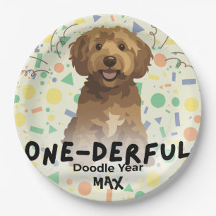 Boho Sage Green Goldendoodle First Birthday Party Paper Plates