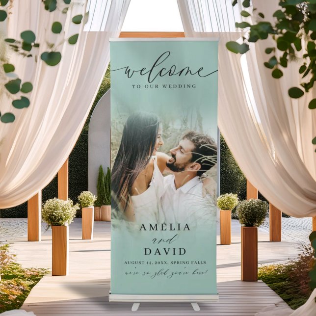 Boho Sage Green Gradient & Photo Wedding Retractable Banner (Creator Uploaded)