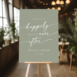 Boho Sage Green Happily Wedding Welcome Sign