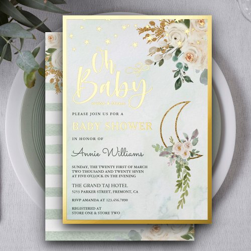 Boho Sage Green Ivory Floral Moon Baby Shower Gold Foil Invitation