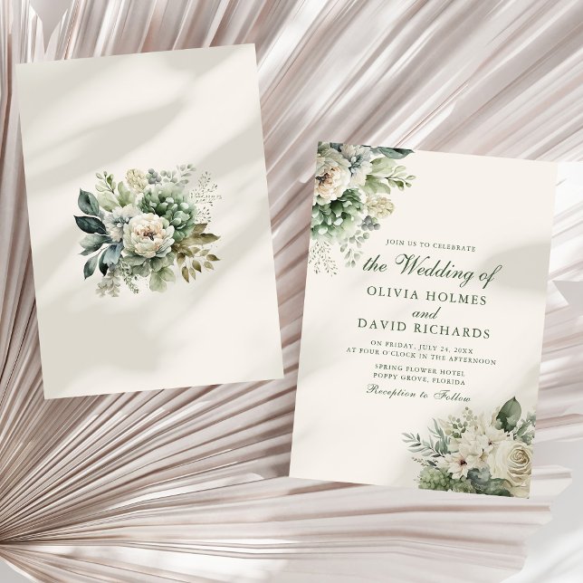 Boho Sage Green & Ivory Floral Wedding Invitation (Boho Sage Green and Ivory Floral Wedding Invitation on a sunny white dry palm leaf.)