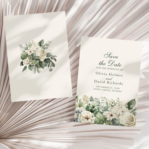 Boho Sage Green  Ivory Flowers Save The Date Card
