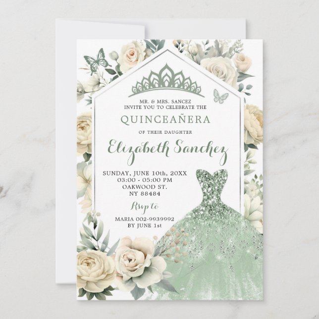 Boho Sage Green Ivory Quinceañera Royale Invitation (Front)