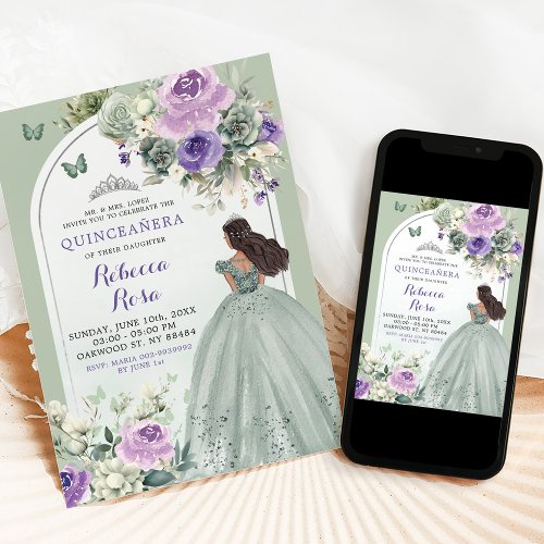 Boho Sage Green Lavender Floral Quinceaera Invitation