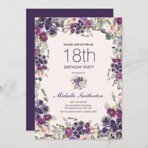 Boho Sage Green Leaves Purple Pink Floral 18th Invitation