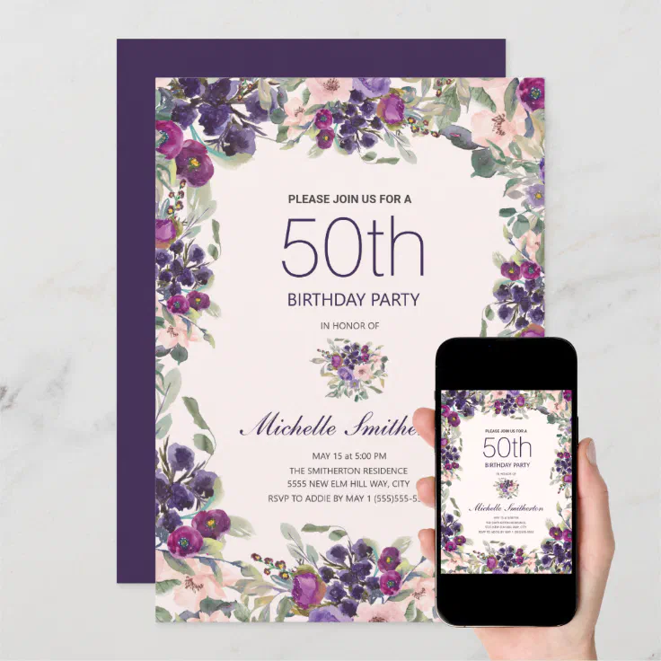 Boho Sage Green Leaves Purple Pink Floral 50th Invitation 