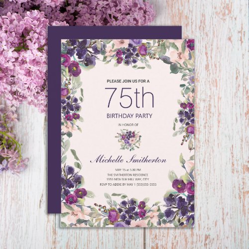 Boho Sage Green Leaves Purple Pink Floral 75th Invitation