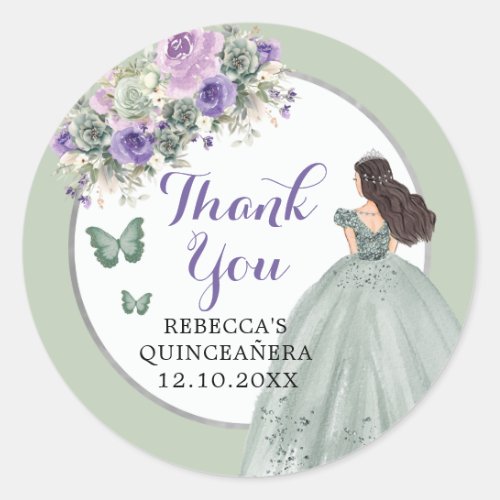 Boho Sage Green Lilac Girl Floral Quinceaera  Classic Round Sticker
