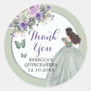 Boho Sage Green Lilac Girl Floral Quinceañera Classic Round Sticker