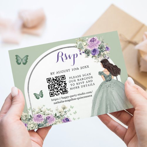 Boho Sage Green Lilac Princess Girl 15 Aos QR RSVP Card