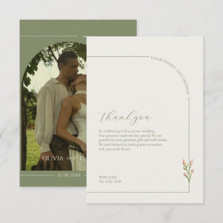 Boho Sage Green & Linen Arches Minimalist Photo  Thank You Card