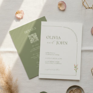 Boho Sage Green & Linen Minimalist w Details & QR Invitation