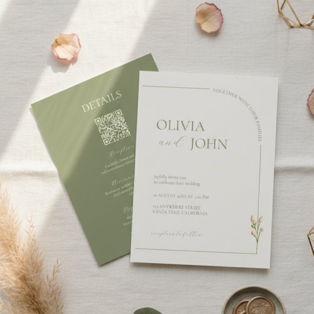Boho Sage Green & Linen Minimalist w Details & QR  Invitation (Creator Uploaded)