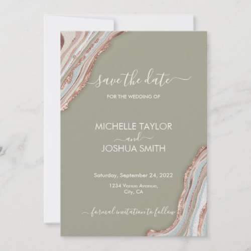 Boho Sage Green Marble Stone Agate Save the Date I Invitation