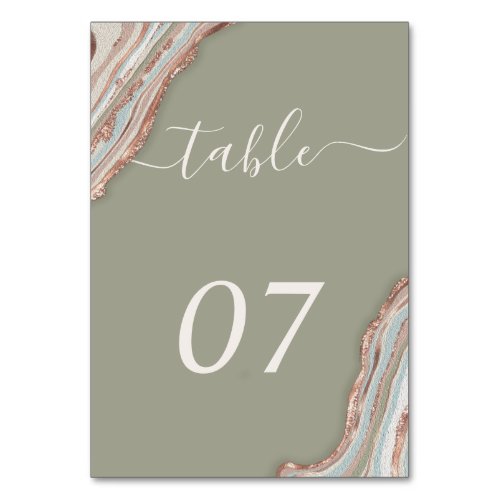 Boho Sage Green Marble Stone Agate Wedding Table Number