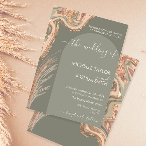 Boho Sage Green Marble Stone Earthy Pampas Grass I Invitation