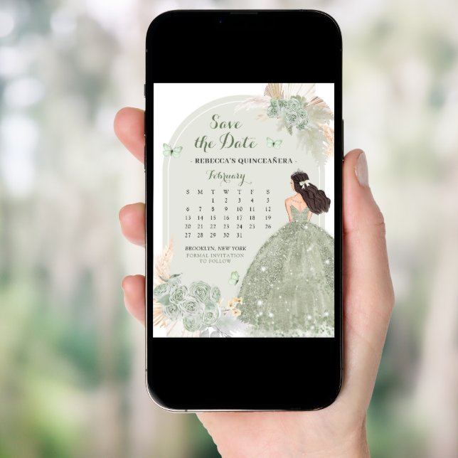 Boho Sage Green Mis Quince Save The Date Calendar Invitation (Front Digital)