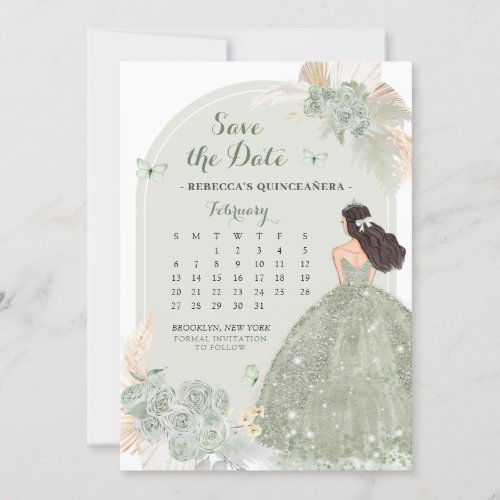 Boho Sage Green Mis Quince Save The Date Calendar Invitation