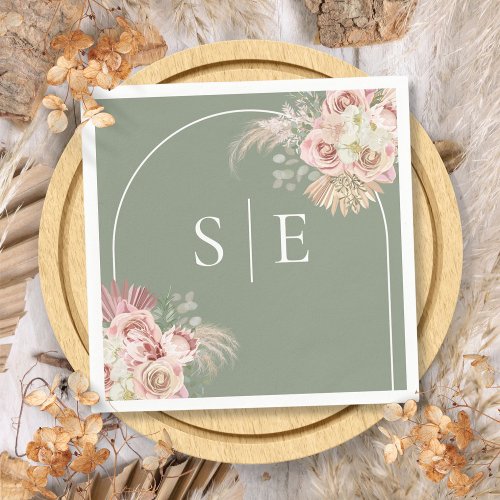 Boho Sage Green Pampas Grass Arch Monogram Napkins