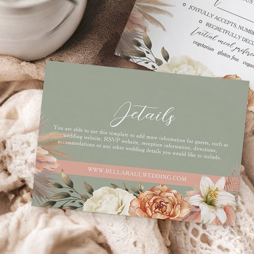 Boho Sage Green Peach Floral Wedding Details Enclosure Card