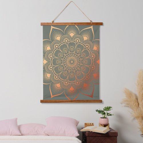 Boho Sage Green Peach Mandala Wood Topped Hanging Tapestry