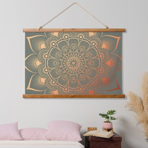 Boho Sage Green Peach Mandala Wood Topped Hanging Tapestry