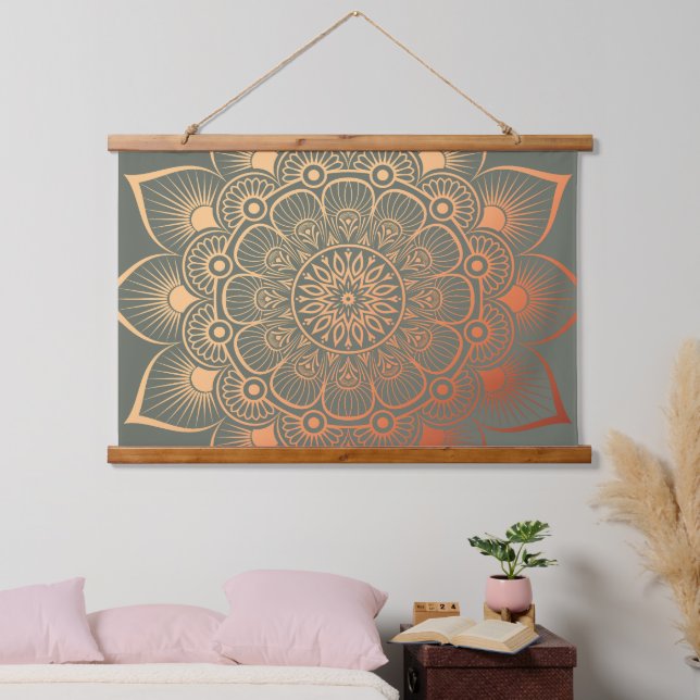 Boho Sage Green Peach Mandala Wood Topped Hanging Tapestry (Bedroom)