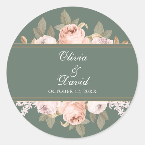 Boho Sage Green Peonies Wedding Classic Round Sticker