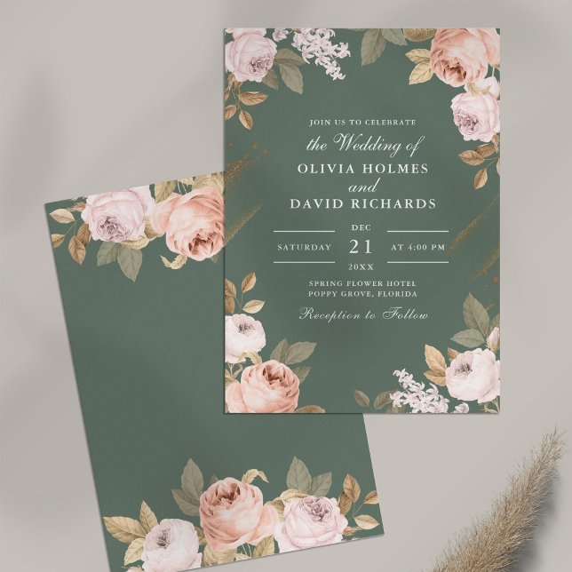 Boho Sage Green Peonies Wedding Invitation (Boho Sage Green Peonies Wedding Invitation on table)