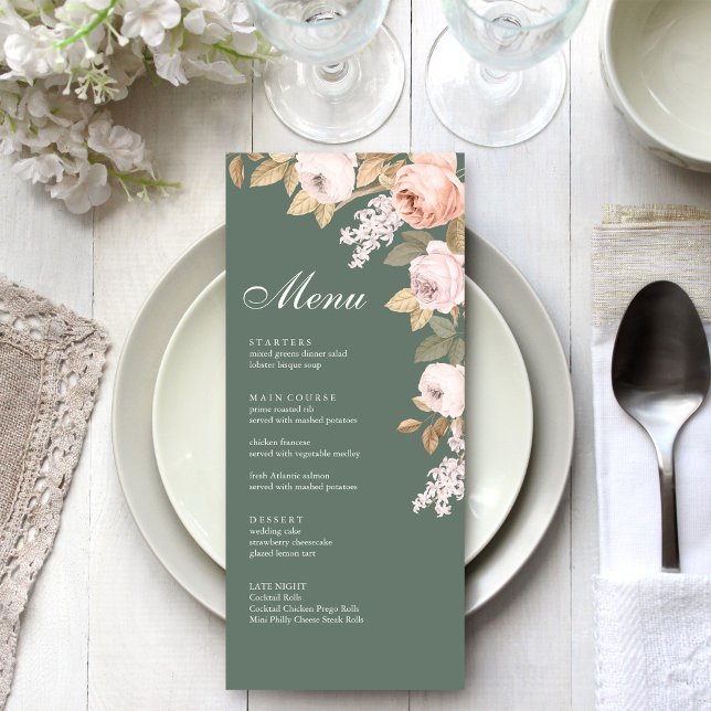 Boho Sage Green Peonies Wedding Menu Card (Boho Sage Green Peonies Wedding Menu Card on a boho white wedding dinner table.)