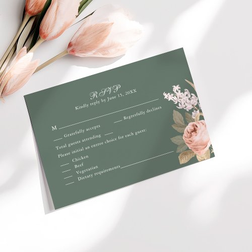 Boho Sage Green Peonies Wedding RSVP Card