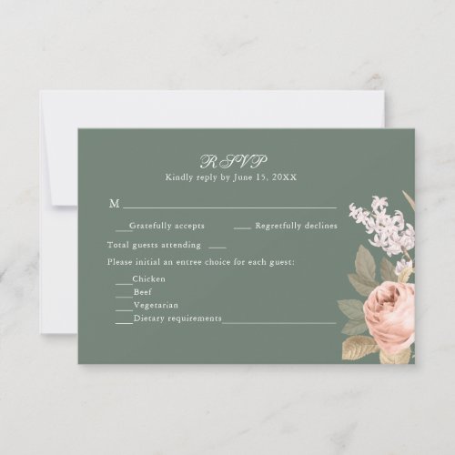 Boho Sage Green Peonies Wedding RSVP Card
