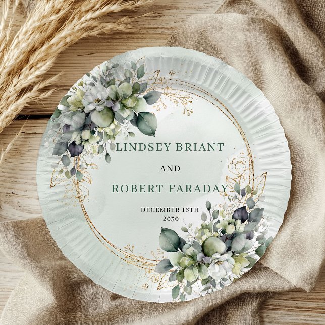 Boho Sage Green Personalized Eucalyptus Wedding   Paper Plates (Boho Sage Green Personalized Eucalyptus Wedding Paper Plates)