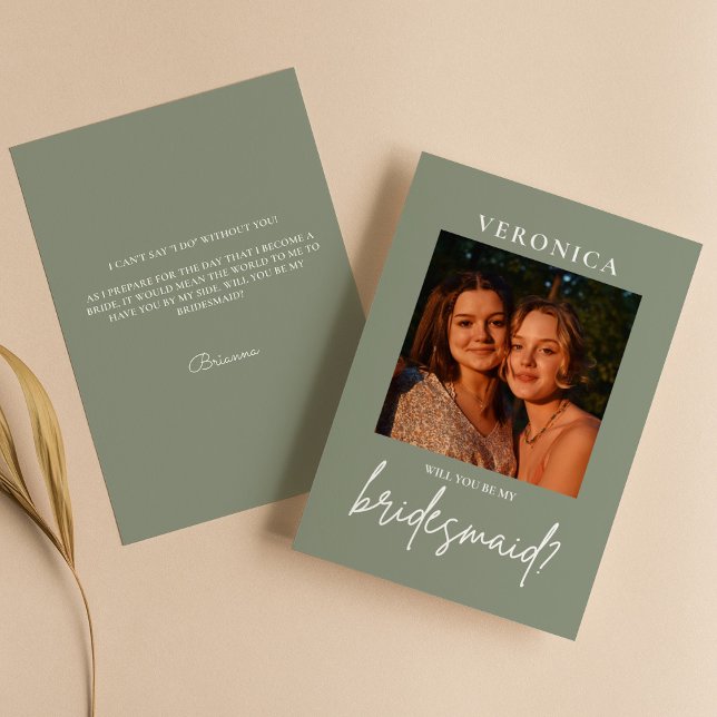 Boho Sage Green Photo Bridesmaid Proposal Card (Creator Uploaded)