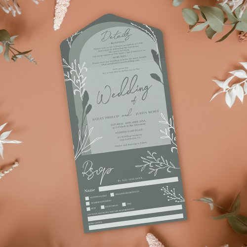 Boho sage green photo floral rustic arch wedding all in one invitation