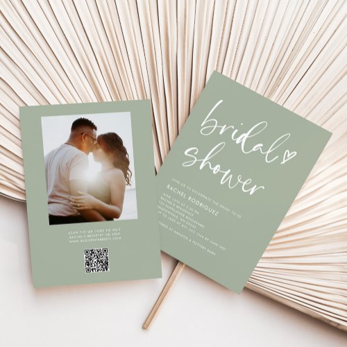 Boho Sage Green Photo Qr Code Bridal Shower Invitation