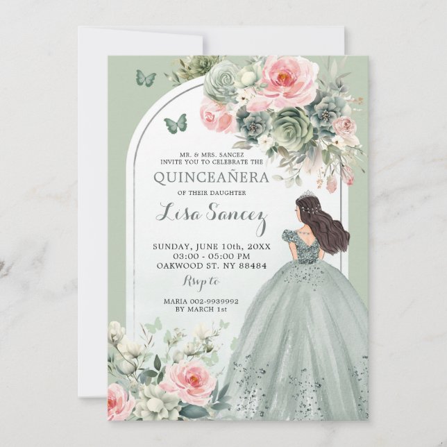 Boho Sage Green Pink Floral Princess Quinceañera Invitation (Front)