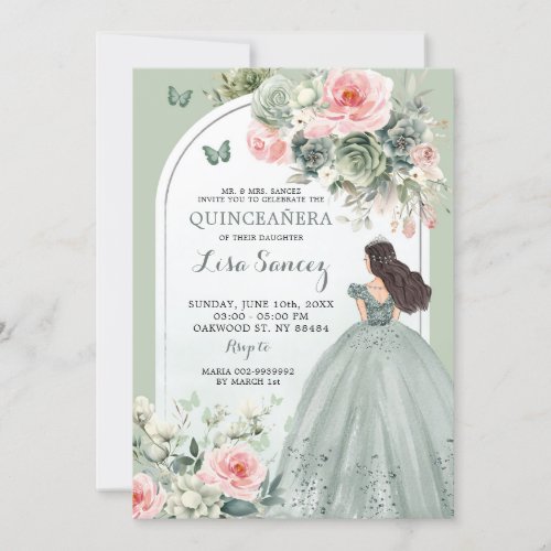 Boho Sage Green Pink Floral Princess Quinceaera Invitation