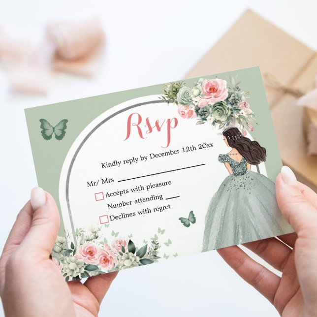 Boho Sage Green Pink Floral Princess XV Años  RSVP Card (Creator Uploaded)