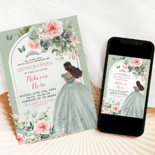 Boho Sage Green Pink Floral Quinceañera Invitation