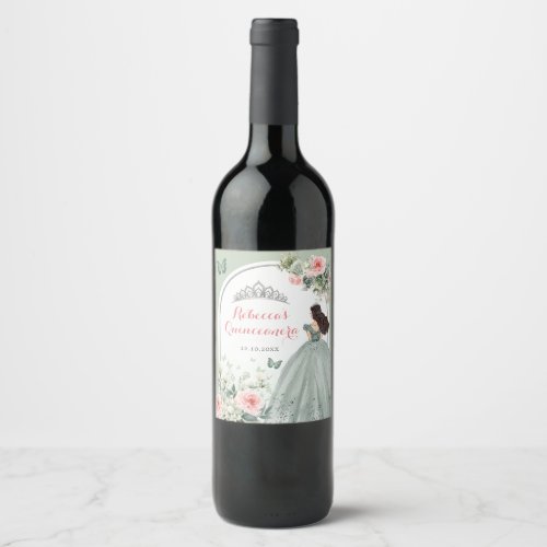 Boho Sage Green Pink Floral Quinceaera Wine Label