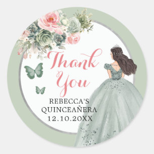 Boho Sage Green Pink Girl Floral Quinceañera  Classic Round Sticker