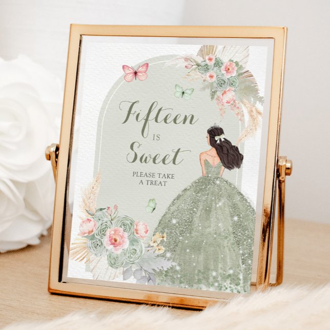 Boho Sage Green Pink Quinceañera Fifteen is Sweet Poster (Creator Uploaded)