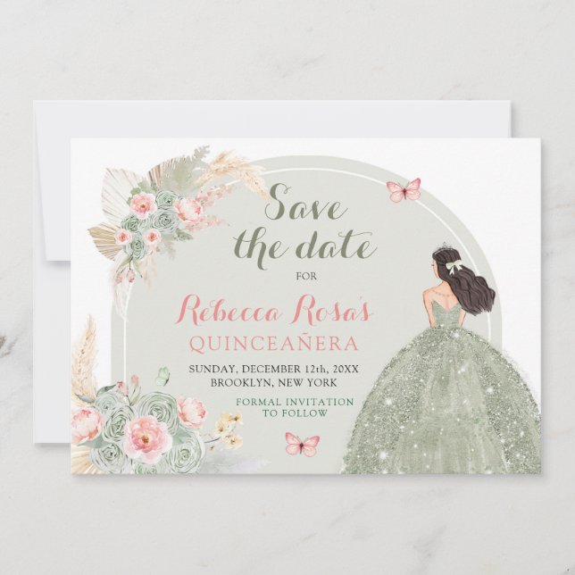 Boho Sage Green Pink Quinceañera Save The Date Invitation (Front)