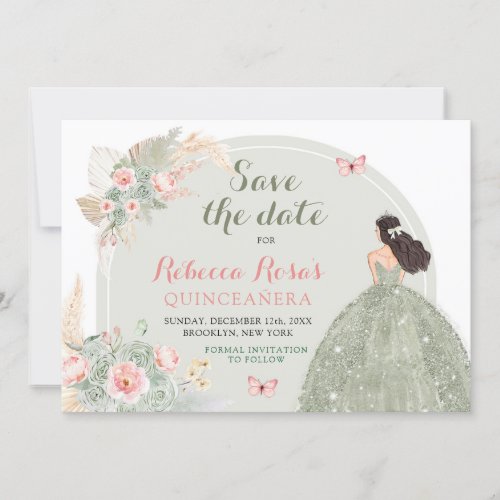 Boho Sage Green Pink Quinceaera Save The Date Invitation